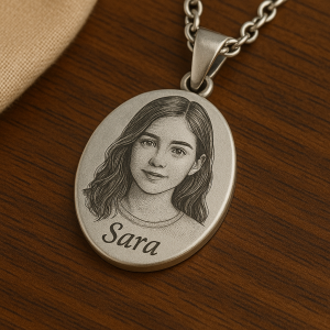 پلاک نقره‌ای بیضی با حکاکی چهره دختر جوان و نام «Sara»، ترکیبی از هنر و احساس
